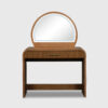 Wooden Dresser with arched LED lighted mirror, ribbed drawer front and upholstered storage stool in a sunlit bedroom