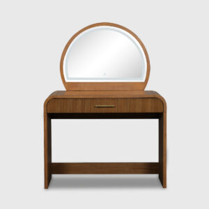 Wooden Dresser with arched LED lighted mirror, ribbed drawer front and upholstered storage stool in a sunlit bedroom