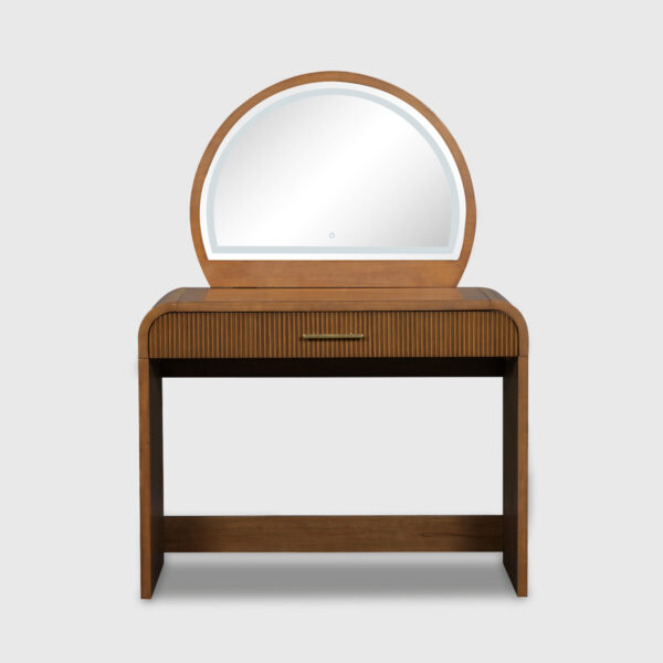 Wooden Dresser with arched LED lighted mirror, ribbed drawer front and upholstered storage stool in a sunlit bedroom