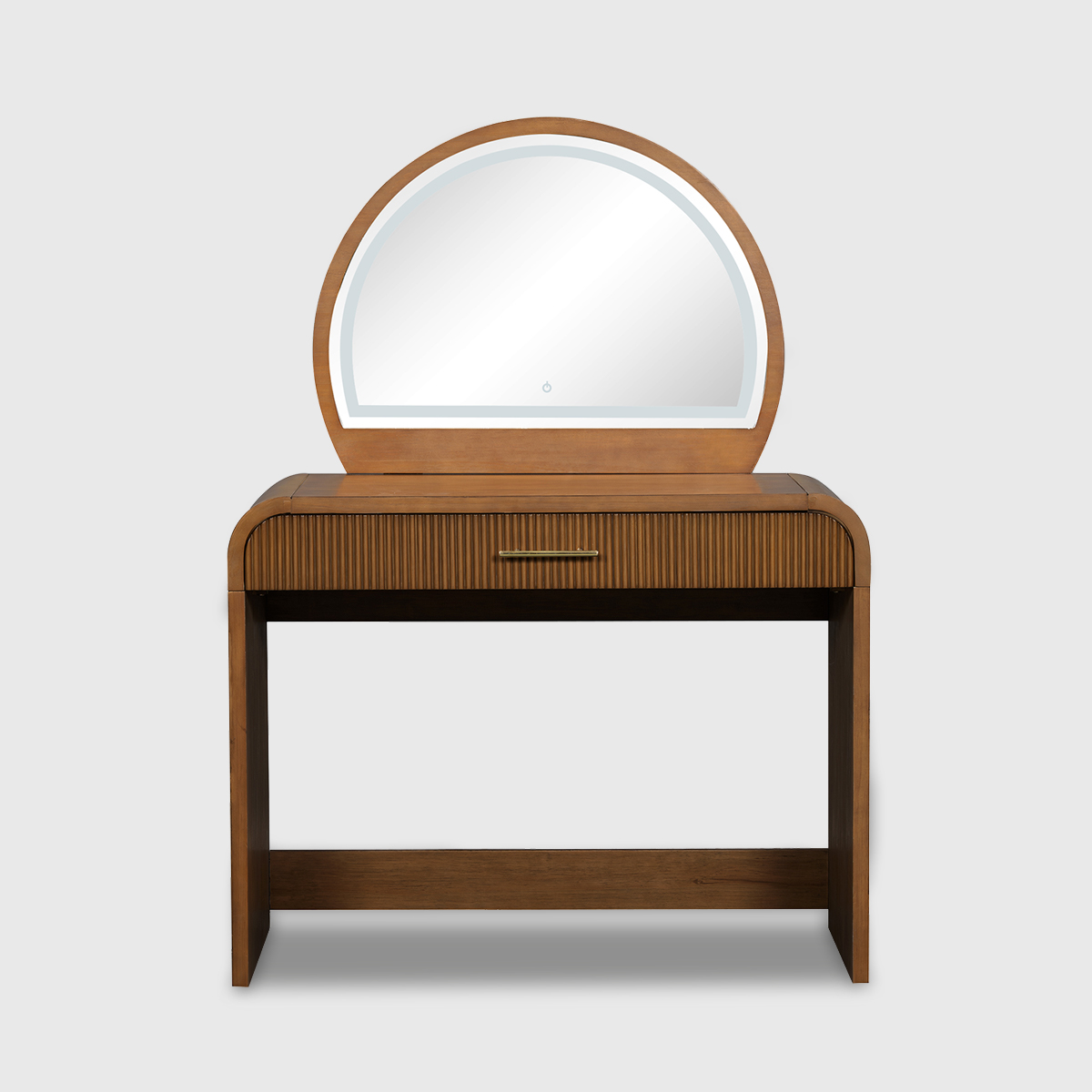 Wooden Dresser with arched LED lighted mirror, ribbed drawer front and upholstered storage stool in a sunlit bedroom