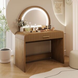 Wooden Dresser with arched LED lighted mirror, ribbed drawer front and upholstered storage stool in a sunlit bedroom