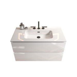 6 inch wall mount bathroom vanity with ceramic sink - white glossy finish with three faucet holes