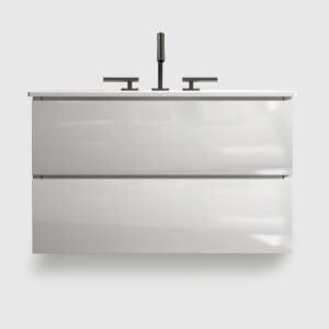 6 inch wall mount bathroom vanity with ceramic sink - white glossy finish with three faucet holes