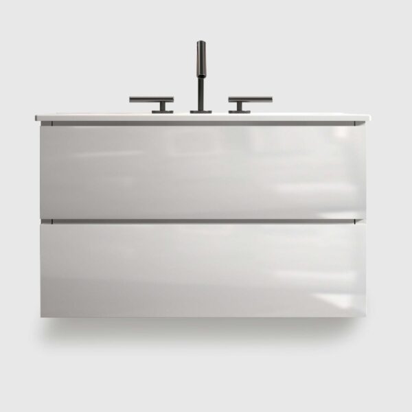 6 inch wall mount bathroom vanity with ceramic sink - white glossy finish with three faucet holes