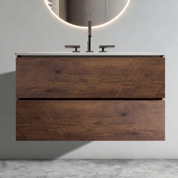 Wall Mount -Walnut -Bathroom Vanity - Ceramic Sink -Three Faucet Holes (1)