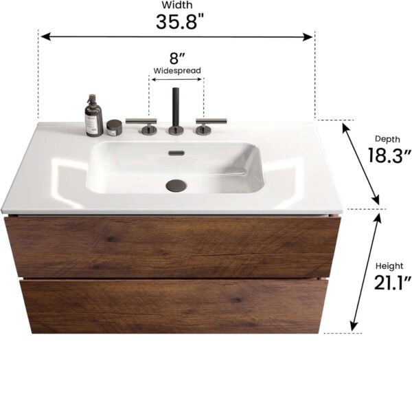 Wall Mount -Walnut -Bathroom Vanity - Ceramic Sink -Three Faucet Holes (3)