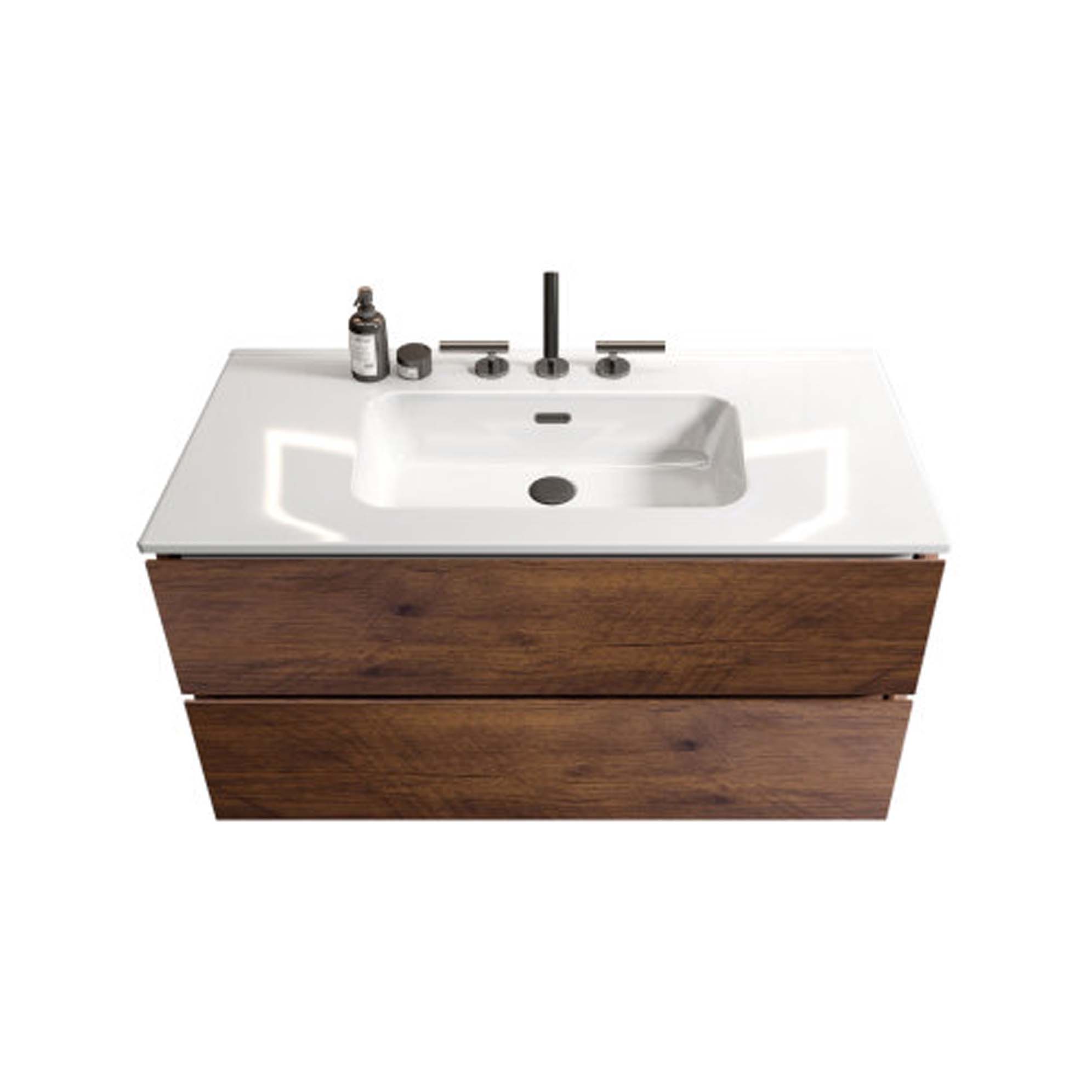 Wall Mount -Walnut -Bathroom Vanity - Ceramic Sink -Three Faucet Holes (4)