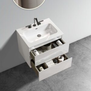 24 inch floating bathroom vanity with sink - pre-assembled white glossy finish with soft-closing drawers