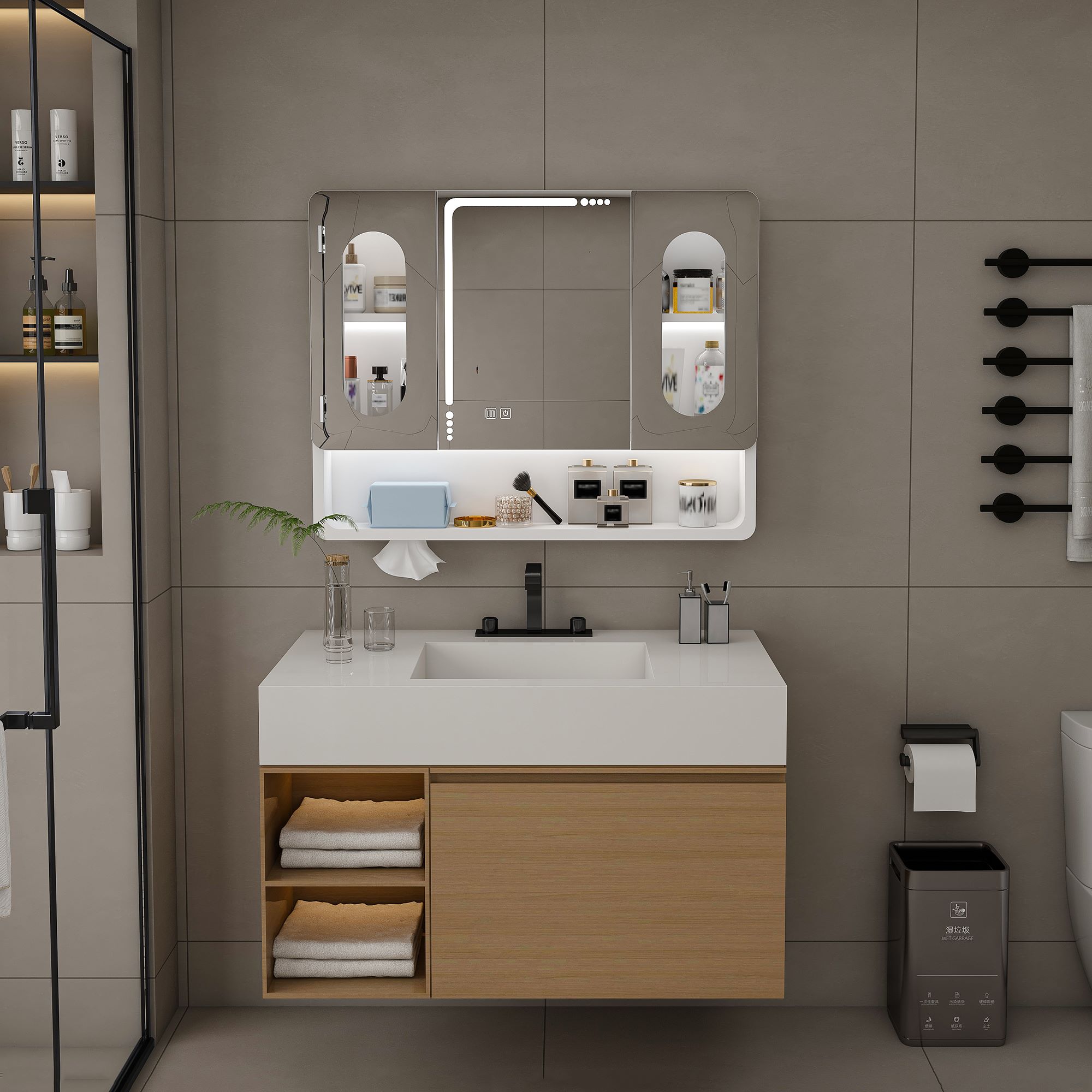 Wall-Mounted-Bathroom-Mirror-Cabinet-with-LED-Lights, Anti-Fog & Explosion-Proof, Touch-Control-Medicine-Cabinet, 3-Color-Lighting (10)