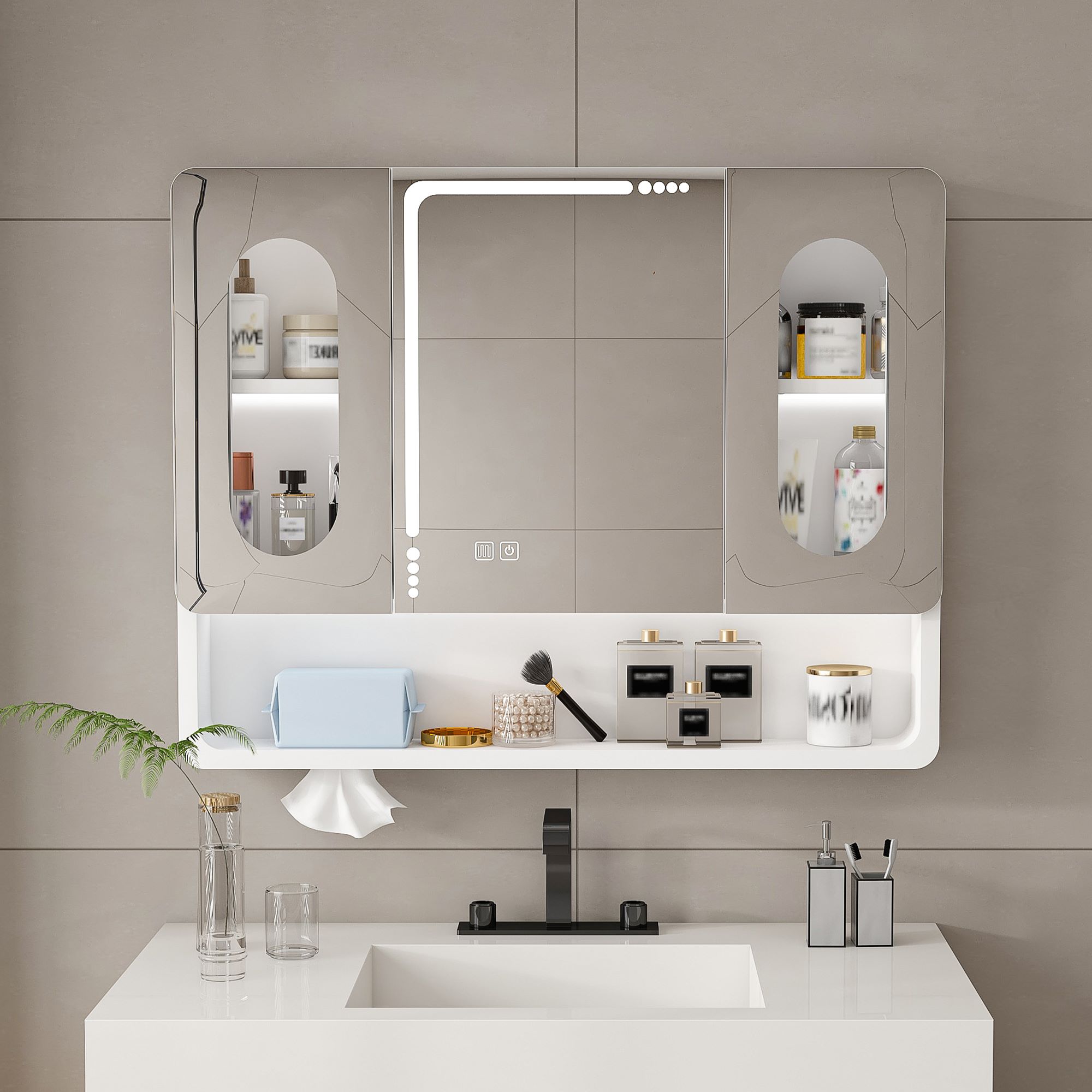 Wall-Mounted-Bathroom-Mirror-Cabinet-with-LED-Lights, Anti-Fog & Explosion-Proof, Touch-Control-Medicine-Cabinet, 3-Color-Lighting (5)