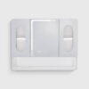 LED bathroom mirror cabinet with defogging function, 3 color temperature dimmable lights and tempered glass, featuring double side mirrors and open storage shelf