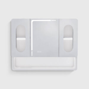 LED bathroom mirror cabinet with defogging function, 3 color temperature dimmable lights and tempered glass, featuring double side mirrors and open storage shelf