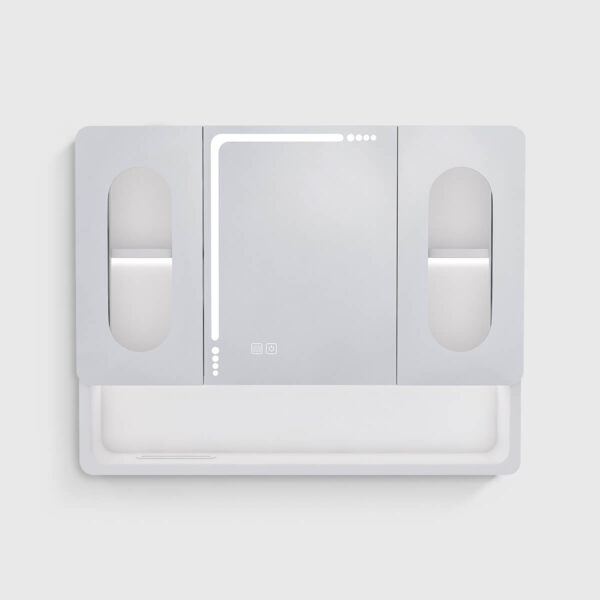 Wall-Mounted-Bathroom-Mirror-Cabinet-with-LED-Lights, Anti-Fog & Explosion-Proof, Touch-Control-Medicine-Cabinet, 3-Color-Lighting (8) LED bathroom mirror cabinet with defogging function, 3 color temperature dimmable lights and tempered glass, featuring double side mirrors and open storage shelf