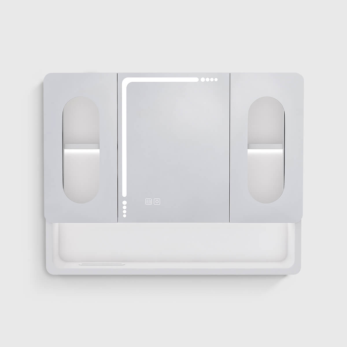 Wall-Mounted-Bathroom-Mirror-Cabinet-with-LED-Lights, Anti-Fog & Explosion-Proof, Touch-Control-Medicine-Cabinet, 3-Color-Lighting (8) LED bathroom mirror cabinet with defogging function, 3 color temperature dimmable lights and tempered glass, featuring double side mirrors and open storage shelf