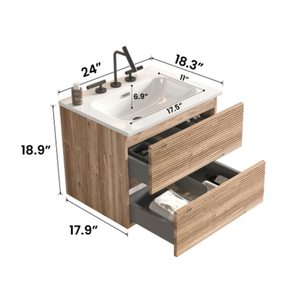 Wall Mounted Rough -Oak&Rough Oak Bathroom Vanity-Integrated Ceramic Sink -3 holes (1)