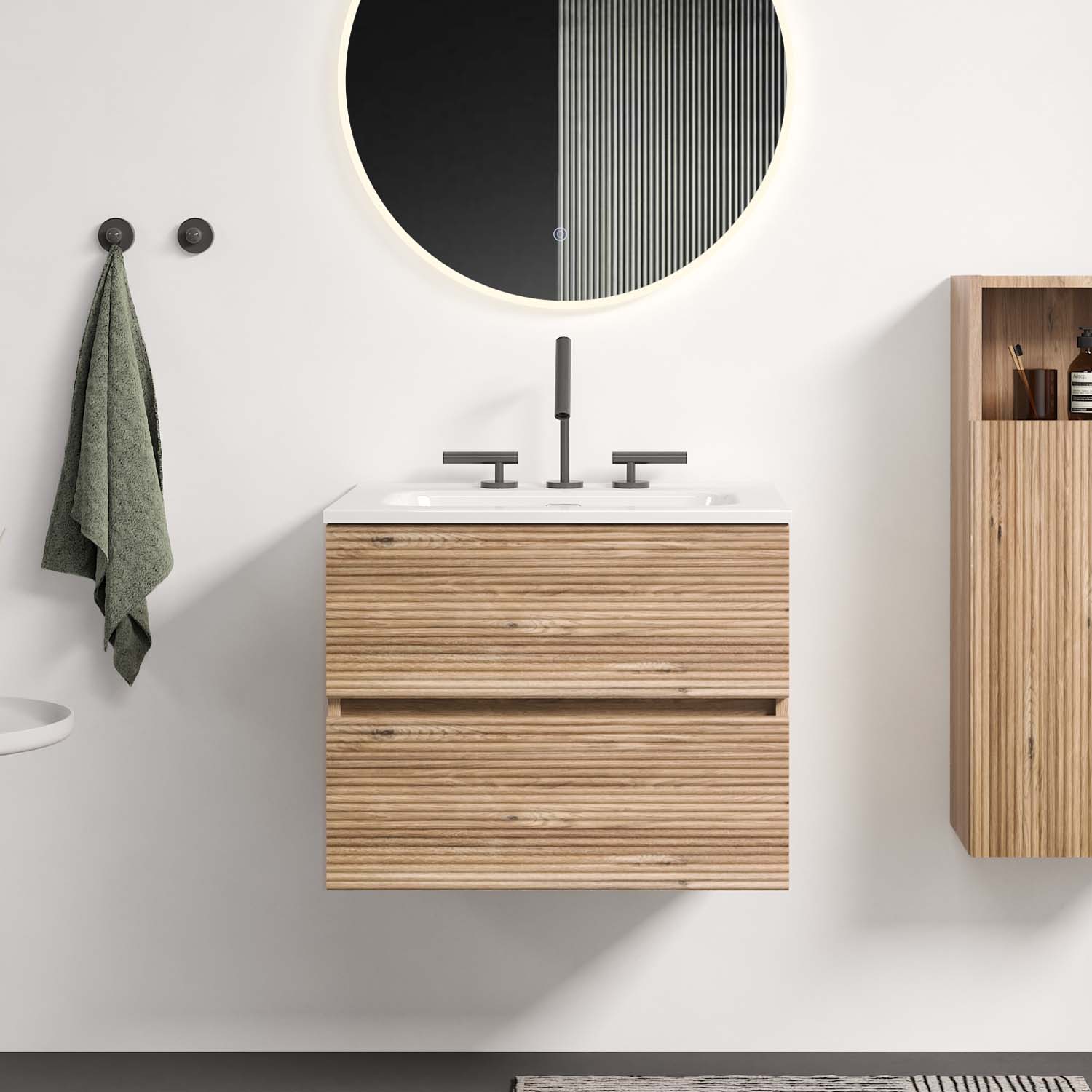 Wall Mounted Rough -Oak&Rough Oak Bathroom Vanity-Integrated Ceramic Sink -3 holes (2)