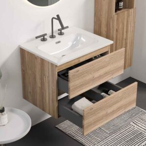 24 Inch Wall Mounted Rough Oak Bathroom Vanity with Integrated Ceramic Sink 3 Holes, Overflow, Large Storage Floating Vanity for Modern Bathroom