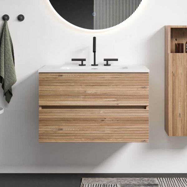 Wall Mounted -Rough Oak&Rough Oak Bathroom Vanity -Integrated Ceramic Sink -Overflow (2)