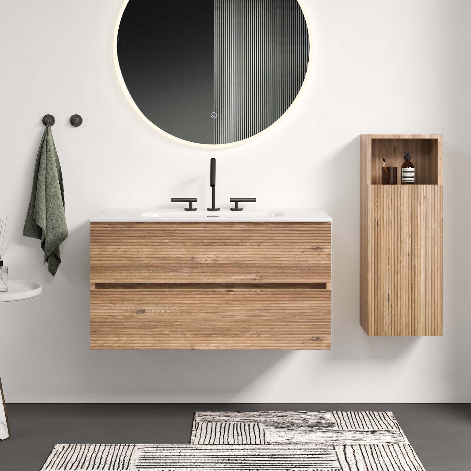 Wall Mounted Rough Oak&Rough Oak Bathroom Vanity -Integrated Ceramic Sink - Overflow- 3 holes (1)
