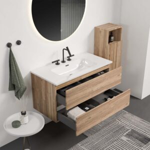6 Inch Wall Mounted Rough Oak Bathroom Vanity with Integrated Ceramic Sink 3 Holes, Overflow, Large Storage Floating Vanity for Modern Bathroom