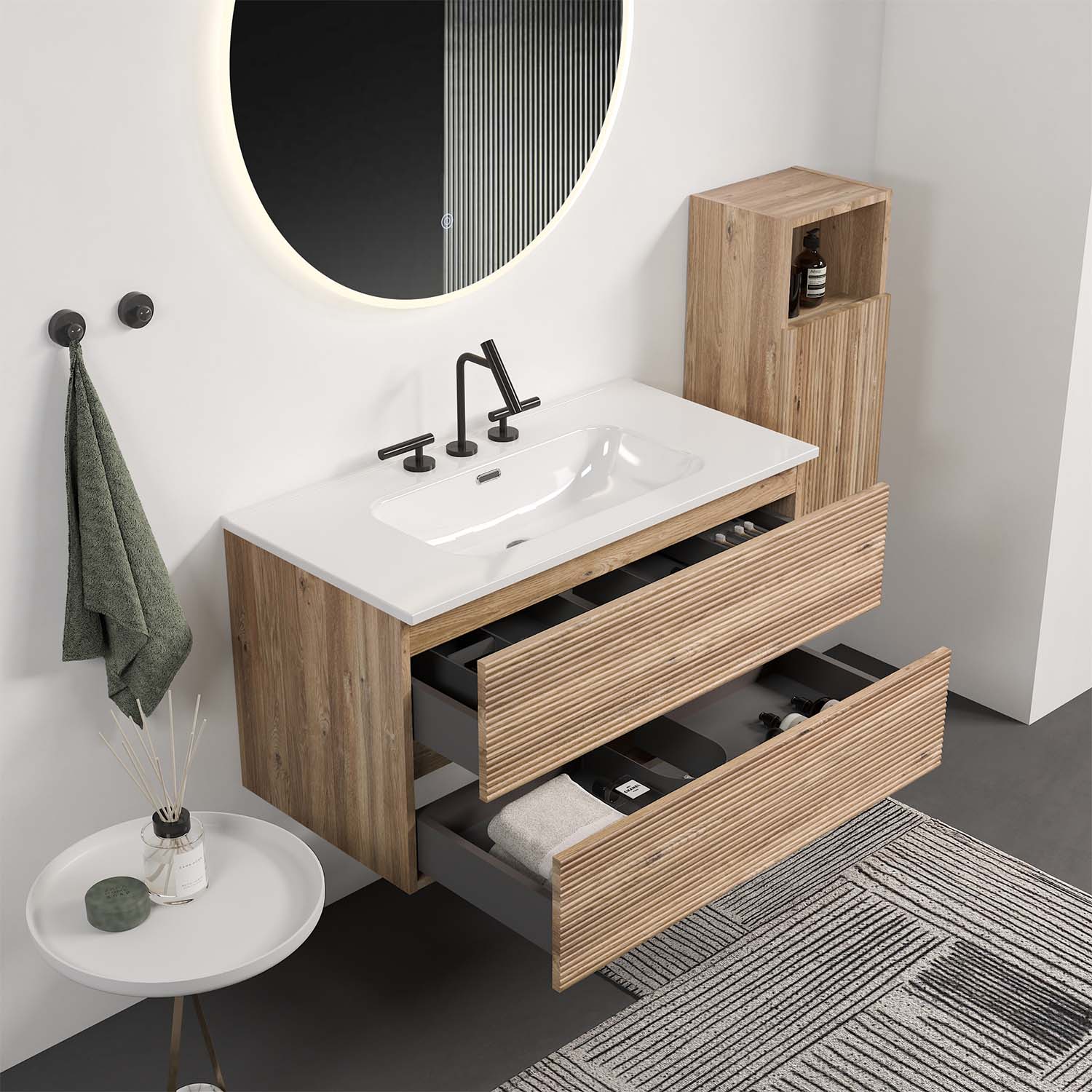 Wall Mounted Rough Oak&Rough Oak Bathroom Vanity -Integrated Ceramic Sink - Overflow- 3 holes (2)