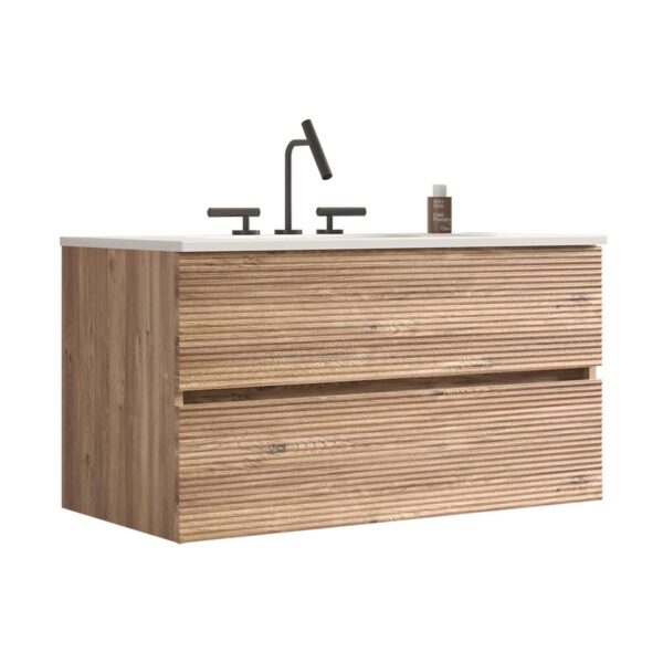 Wall Mounted Rough Oak&Rough Oak Bathroom Vanity -Integrated Ceramic Sink - Overflow- 3 holes (3)