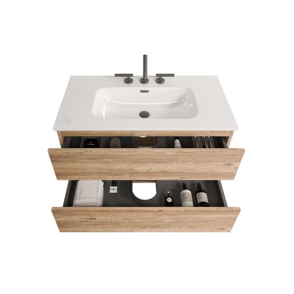 Wall Mounted Rough Oak&Rough Oak Bathroom Vanity -Integrated Ceramic Sink - Overflow- 3 holes (4)