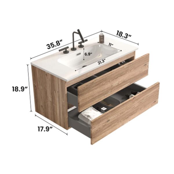 Wall Mounted Rough Oak&Rough Oak Bathroom Vanity -Integrated Ceramic Sink - Overflow- 3 holes