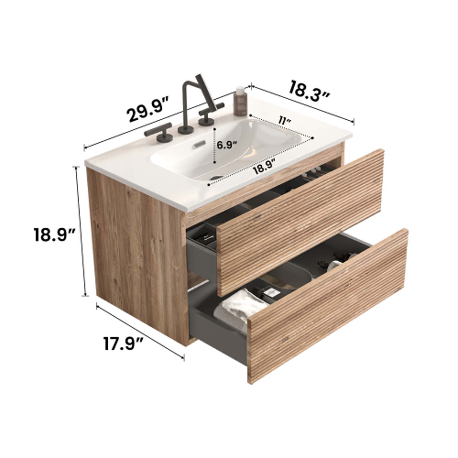 Wall Mounted Rough Oak&Rough Oak Bathroom Vanity with Integrated Ceramic Sink with Overflow (1)