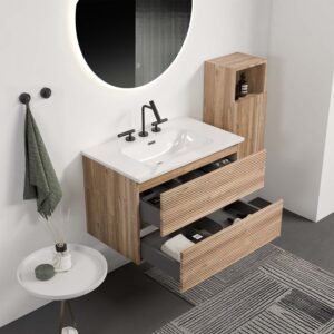 30 Inch Wall Mounted Rough Oak Bathroom Vanity with Integrated Ceramic Sink 3 Holes, Overflow, Large Storage Floating Vanity for Modern Bathroom