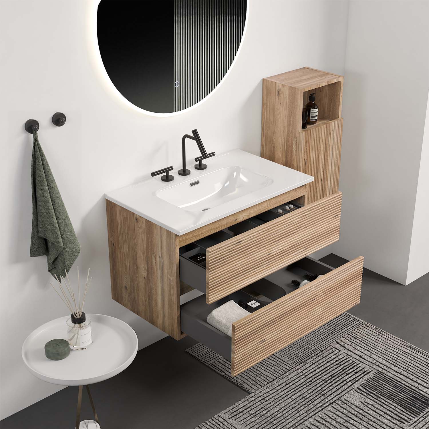 Wall Mounted Rough Oak&Rough Oak Bathroom Vanity with Integrated Ceramic Sink with Overflow (3)