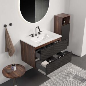 36 Inch Mid-Century Modern Wall Mounted Floating Bathroom Vanity with Engineered Quartz Sink, Soft Black Drawers, White Glossy One-Piece Basin