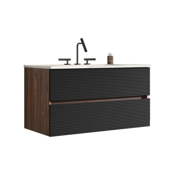 Wall Mounted Soft Black-Walnut Bathroom Vanity - Integrated Ceramic Sink -3 holes (2)
