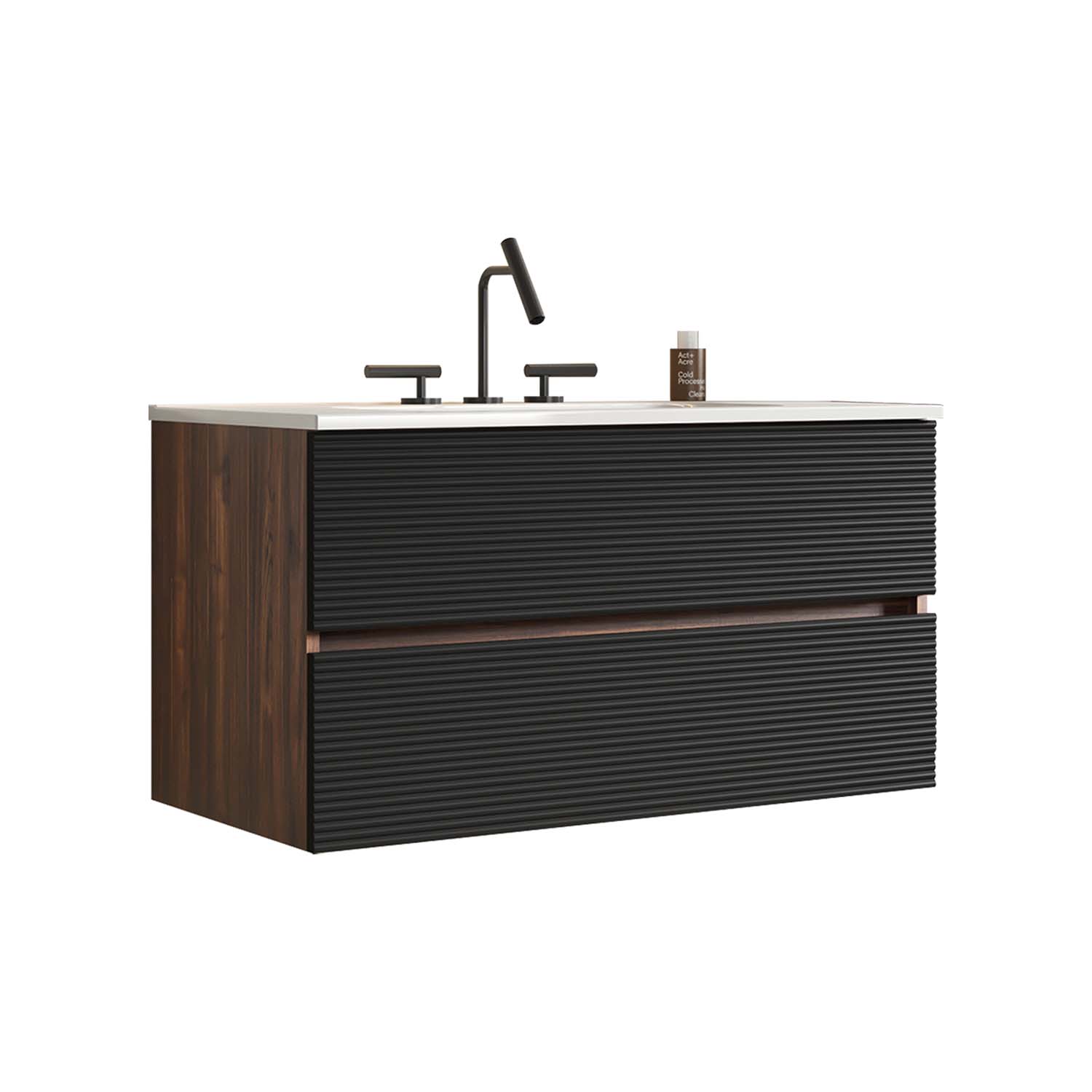 Wall Mounted Soft Black-Walnut Bathroom Vanity - Integrated Ceramic Sink -3 holes (2)