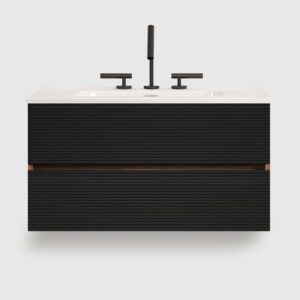 36 Inch Mid-Century Modern Wall Mounted Floating Bathroom Vanity with Engineered Quartz Sink, Soft Black Drawers, White Glossy One-Piece Basin