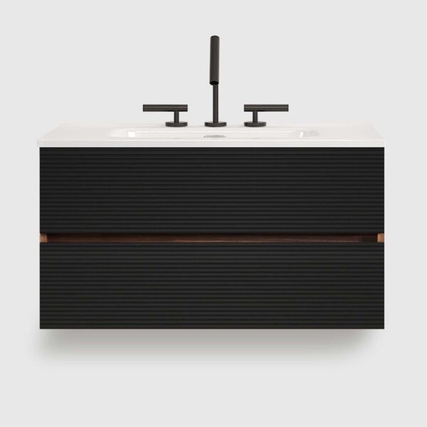 Wall Mounted Soft Black-Walnut Bathroom Vanity - Integrated Ceramic Sink -3 holes (3) 36 Inch Mid-Century Modern Wall Mounted Floating Bathroom Vanity with Engineered Quartz Sink, Soft Black Drawers, White Glossy One-Piece Basin