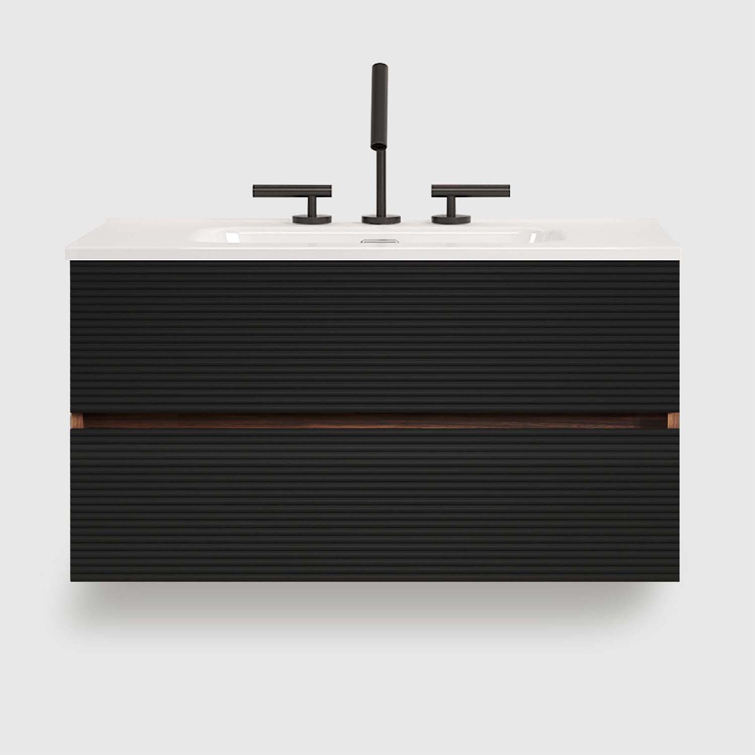 Wall Mounted Soft Black-Walnut Bathroom Vanity - Integrated Ceramic Sink -3 holes (3) 36 Inch Mid-Century Modern Wall Mounted Floating Bathroom Vanity with Engineered Quartz Sink, Soft Black Drawers, White Glossy One-Piece Basin