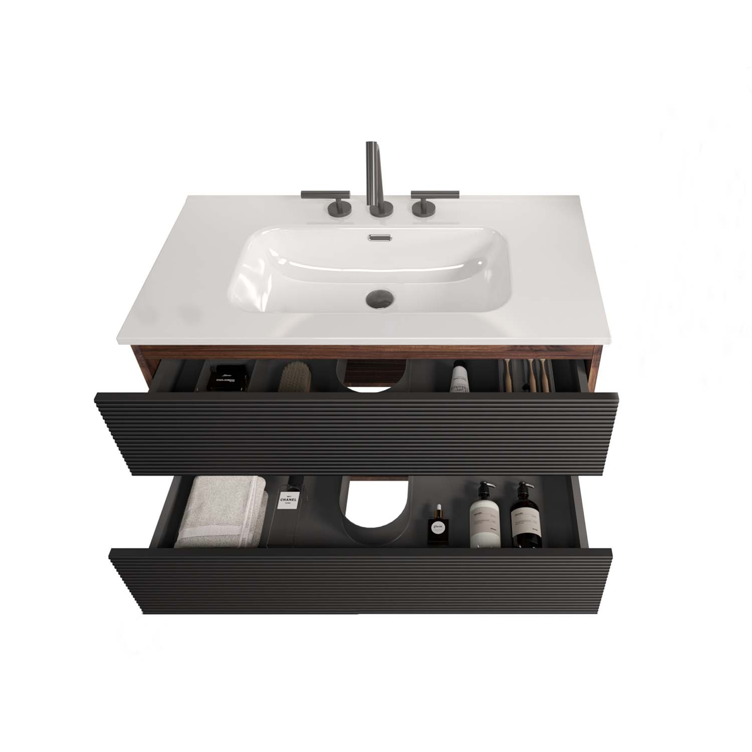 Wall Mounted Soft Black-Walnut Bathroom Vanity - Integrated Ceramic Sink -3 holes (4)