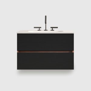 30 Inch Mid-Century Modern Wall Mounted Floating Bathroom Vanity with Engineered Quartz Sink, Soft Black Drawers, White Glossy One-Piece Basin