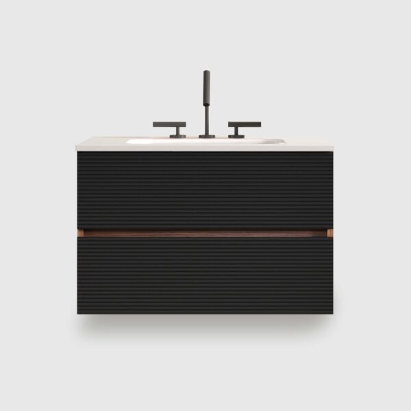 30 Inch Mid-Century Modern Wall Mounted Floating Bathroom Vanity with Engineered Quartz Sink, Soft Black Drawers, White Glossy One-Piece Basin