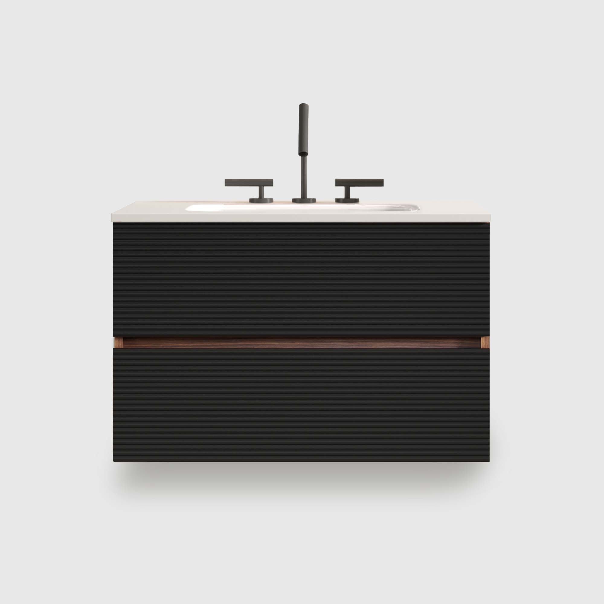 30 Inch Mid-Century Modern Wall Mounted Floating Bathroom Vanity with Engineered Quartz Sink, Soft Black Drawers, White Glossy One-Piece Basin