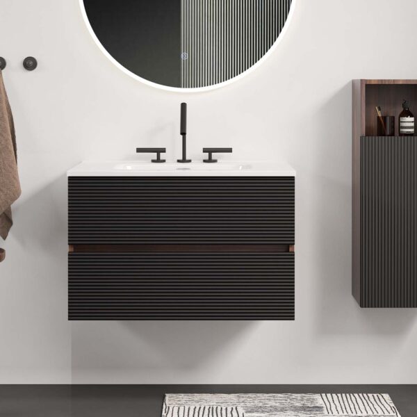 Wall Mounted Soft Black-Walnut Bathroom Vanity - Integrated Ceramic Sink -3 holes (5)