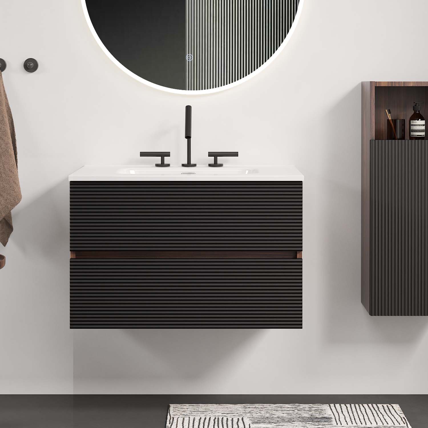 Wall Mounted Soft Black-Walnut Bathroom Vanity - Integrated Ceramic Sink -3 holes (5)