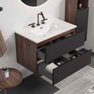 30 Inch Mid-Century Modern Wall Mounted Floating Bathroom Vanity with Engineered Quartz Sink, Soft Black Drawers, White Glossy One-Piece Basin