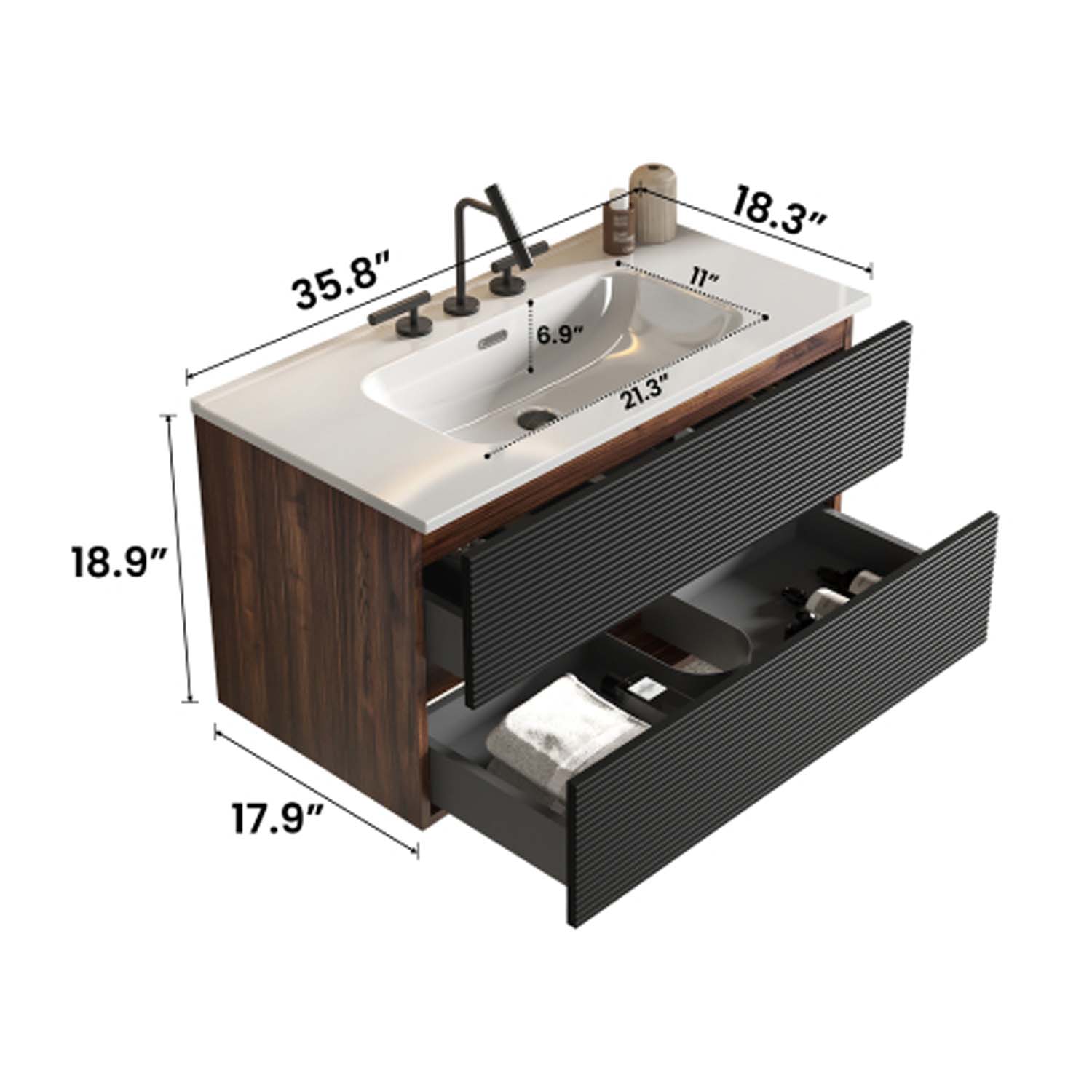 Wall Mounted Soft Black-Walnut Bathroom Vanity - Integrated Ceramic Sink -3 holes