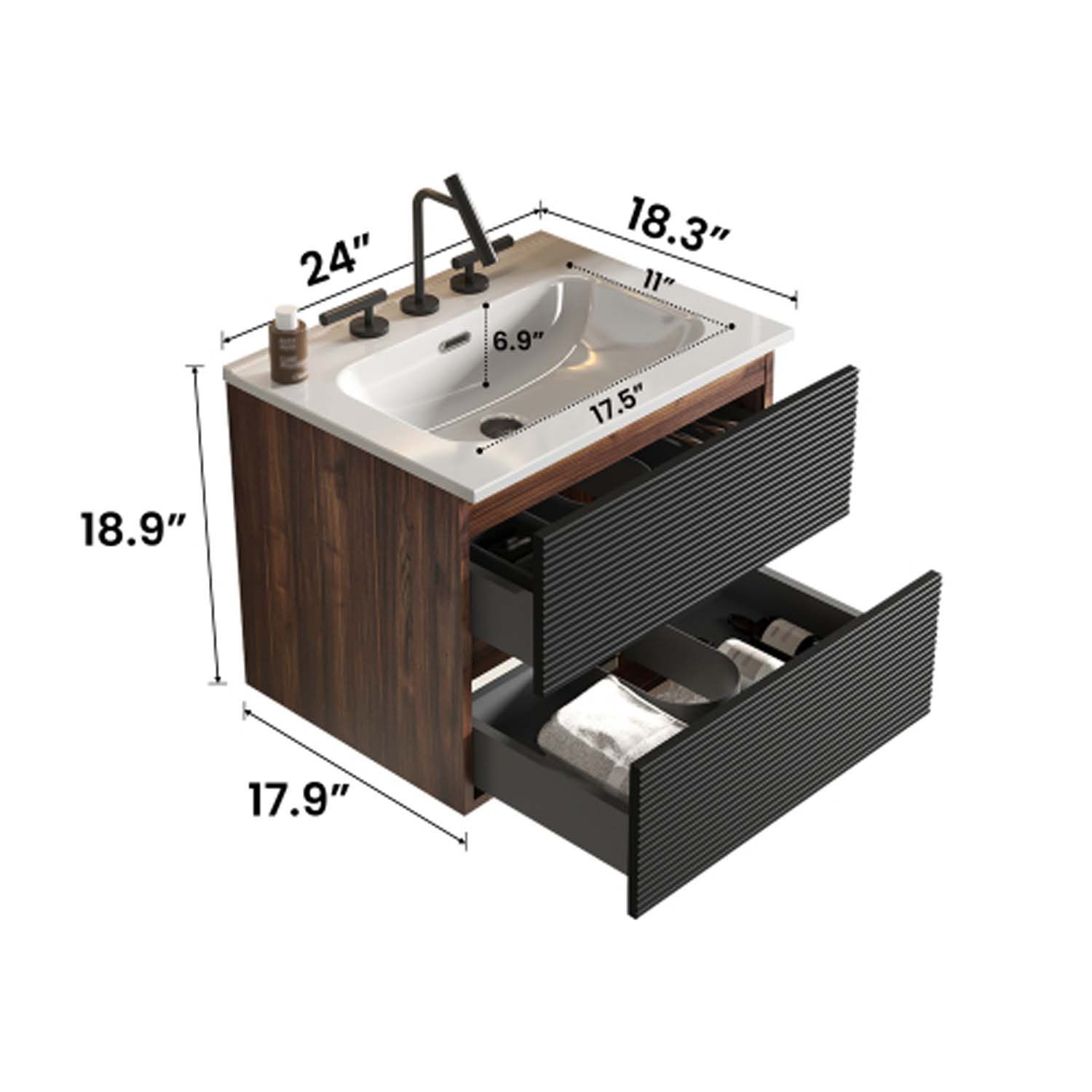 Wall Mounted Soft Black & -Walnut Bathroom Vanity with Integrated Ceramic Sink - Overflow, with 3 holes (1)