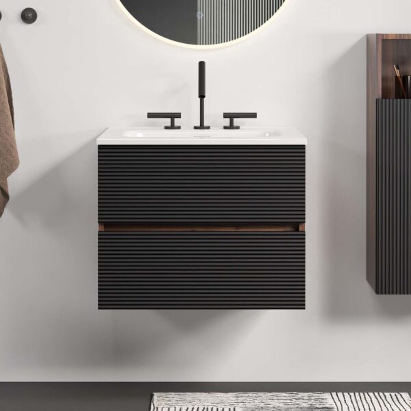 Wall Mounted Soft Black & -Walnut Bathroom Vanity with Integrated Ceramic Sink - Overflow, with 3 holes (2)