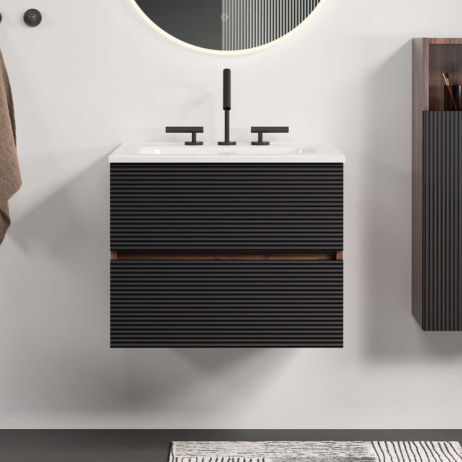 Wall Mounted Soft Black & -Walnut Bathroom Vanity with Integrated Ceramic Sink - Overflow, with 3 holes (2)