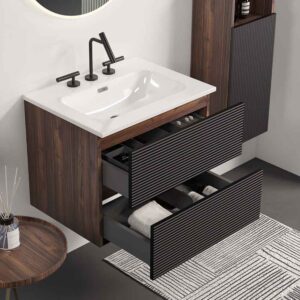 24 Inch Mid-Century Modern Wall Mounted Floating Bathroom Vanity with Engineered Quartz Sink, Soft Black Drawers, White Glossy One-Piece Basin
