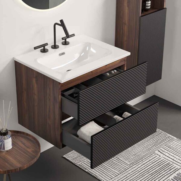 Wall Mounted Soft Black & -Walnut Bathroom Vanity with Integrated Ceramic Sink - Overflow, with 3 holes 3 24 Inch Mid-Century Modern Wall Mounted Floating Bathroom Vanity with Engineered Quartz Sink, Soft Black Drawers, White Glossy One-Piece Basin